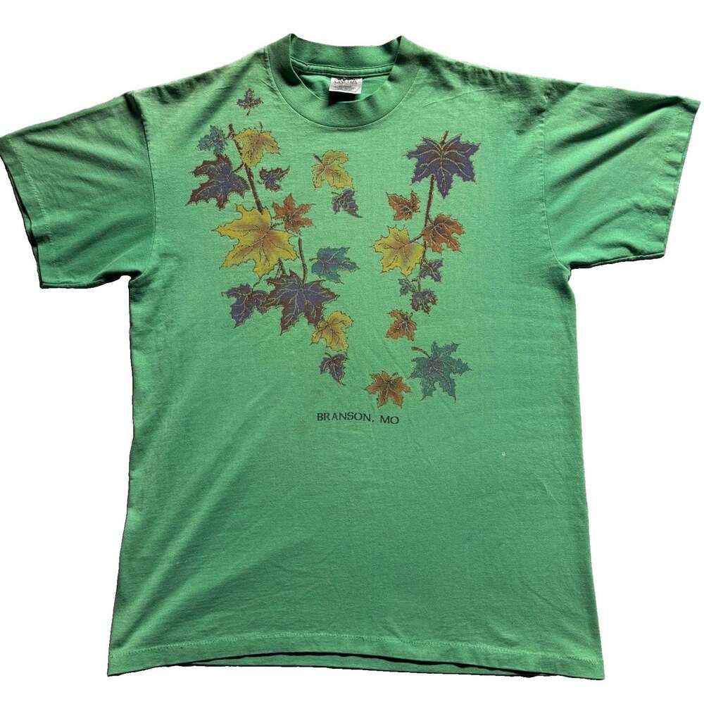 Vintage 90s Oneita Power 50 T Shirt Large Branson Missouri Fall Leaves Green US